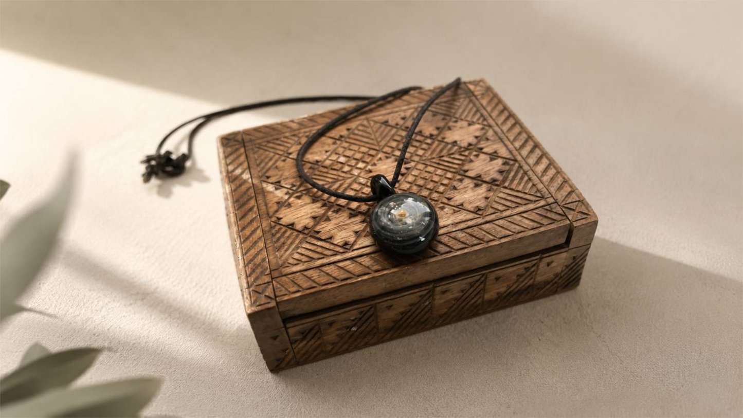 pendant necklace on carved wooden box