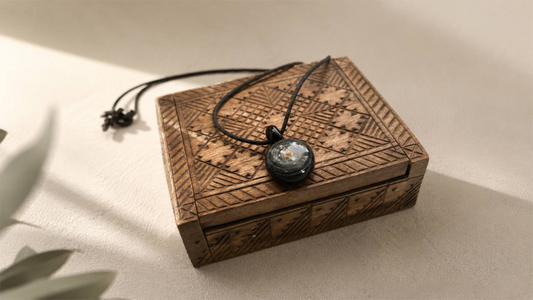 pendant necklace on carved wooden box